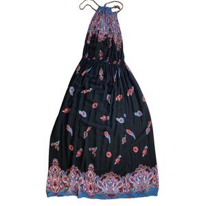 Bohemian Paisley Print Halter Maxi Dress Black Red Blue Large Hippie Beach Cute